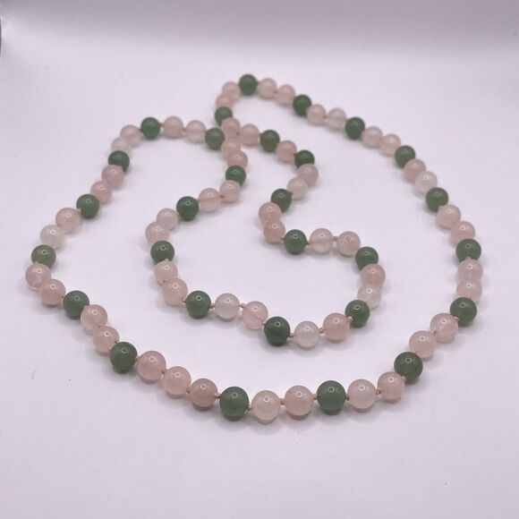 Vintage Rose Quartz Jade Hand Knotted Stone Beaded Necklace 32" Long Pink Green - Picture 2 of 8
